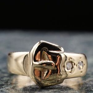 Vintage/Antique Diamond Belt Buckle Ring 10k Solid Yellow Gold Midcentury sz3.5